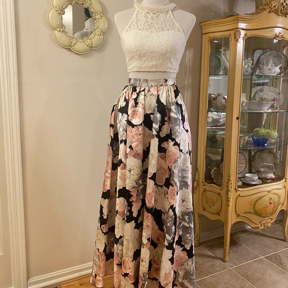 Two Piece Lace and Floral Prom Dress